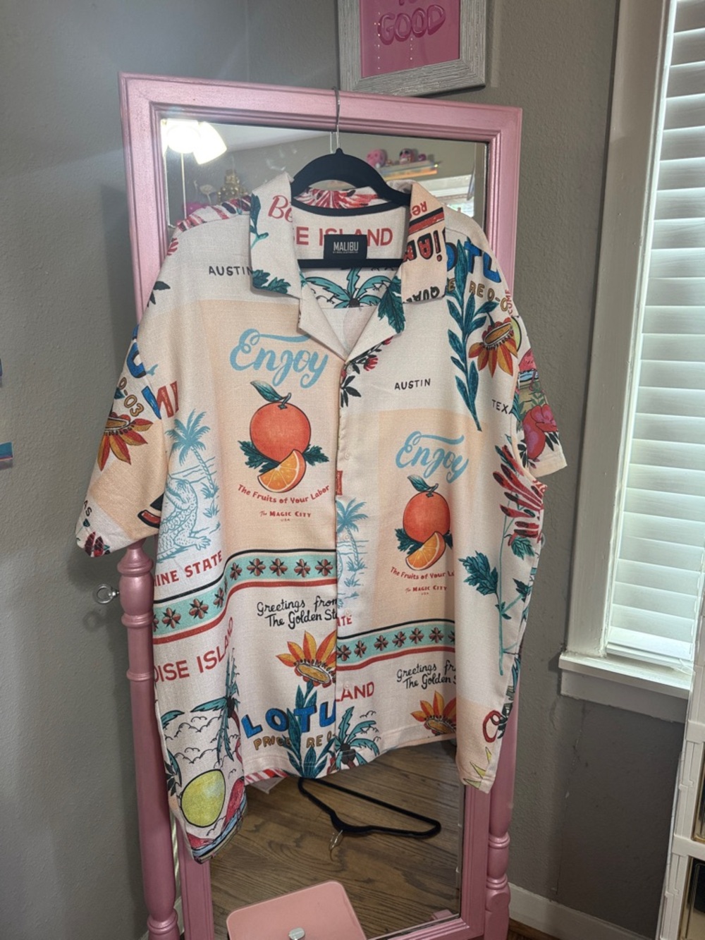 Malibu Cream Short-Sleeve Shirt with Orange & Teal Tropical Print